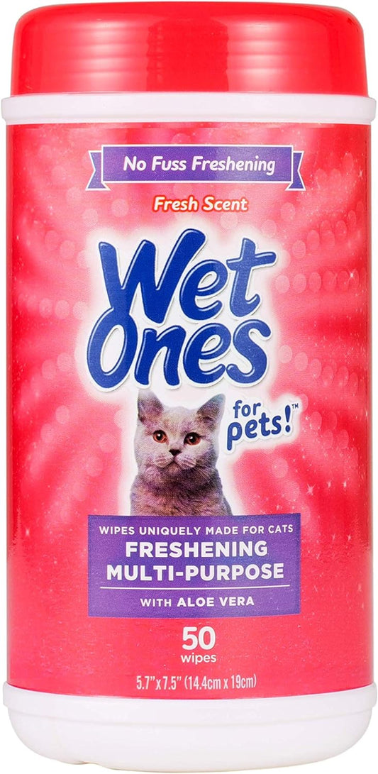 Wet Ones for Pets Freshening Multipurpose Wipes for Cats with Aloe Vera | Easy to Use Cat Cleaning Wipes, Freshening Cat Grooming Wipes for Pet Grooming in Fresh Scent | 50 Ct Cannister Cat Wipes