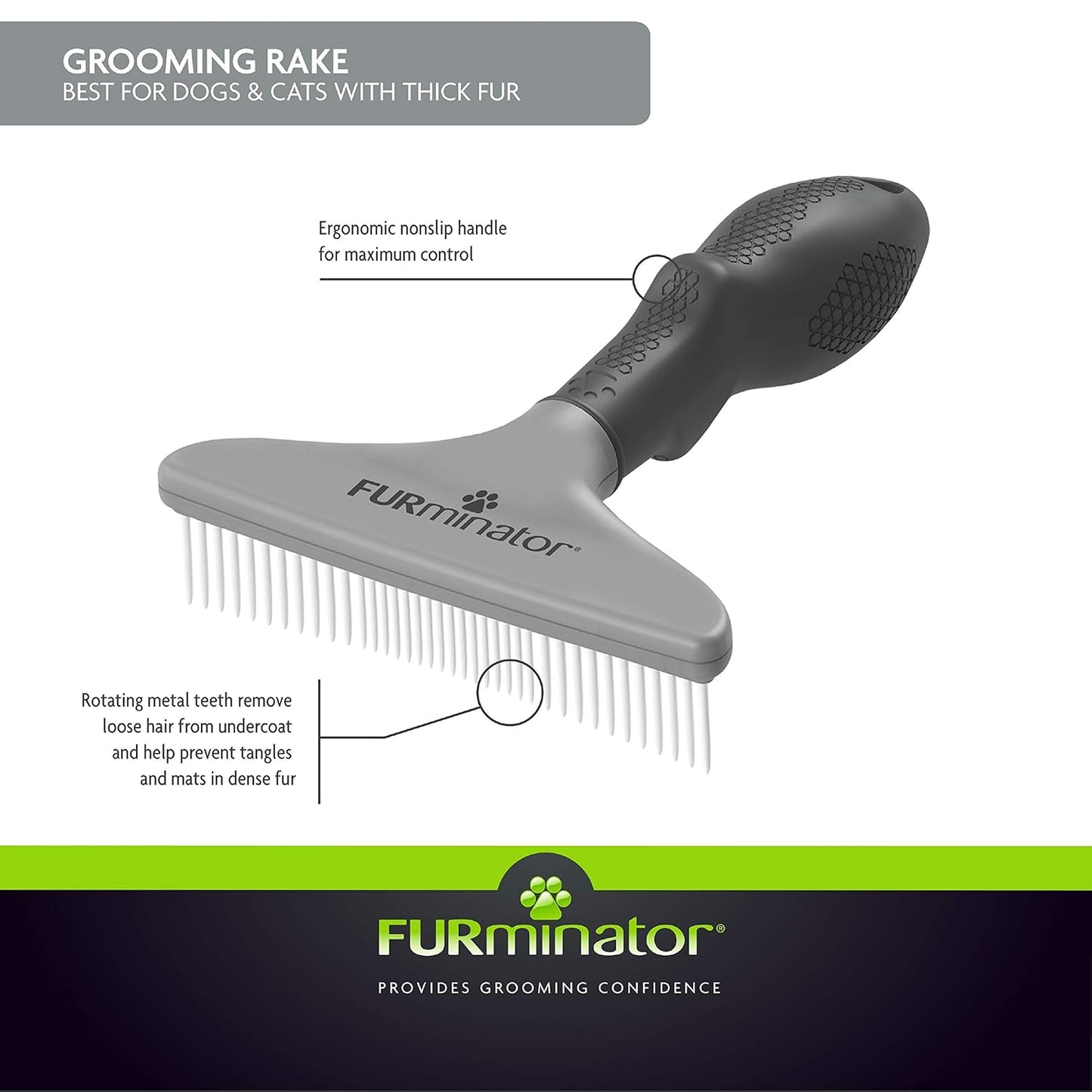 Furminator Dog/Cat Grooming Rake, Grooming Tool, Removes Loose Hair and Tangles, Gray