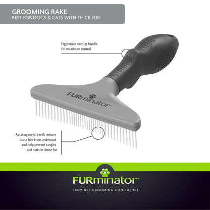 Furminator Dog/Cat Grooming Rake, Grooming Tool, Removes Loose Hair and Tangles, Gray