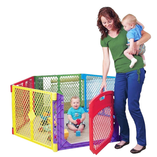 Toddleroo by North States Superyard Colorplay Ultimate 6 Panel Free Standing Play Yard, Indoor Outdoor Baby Playpen, Baby Gate. Made in USA. 5.5 Feet Corner to Corner Play Pen (26" Tall, Multicolor)