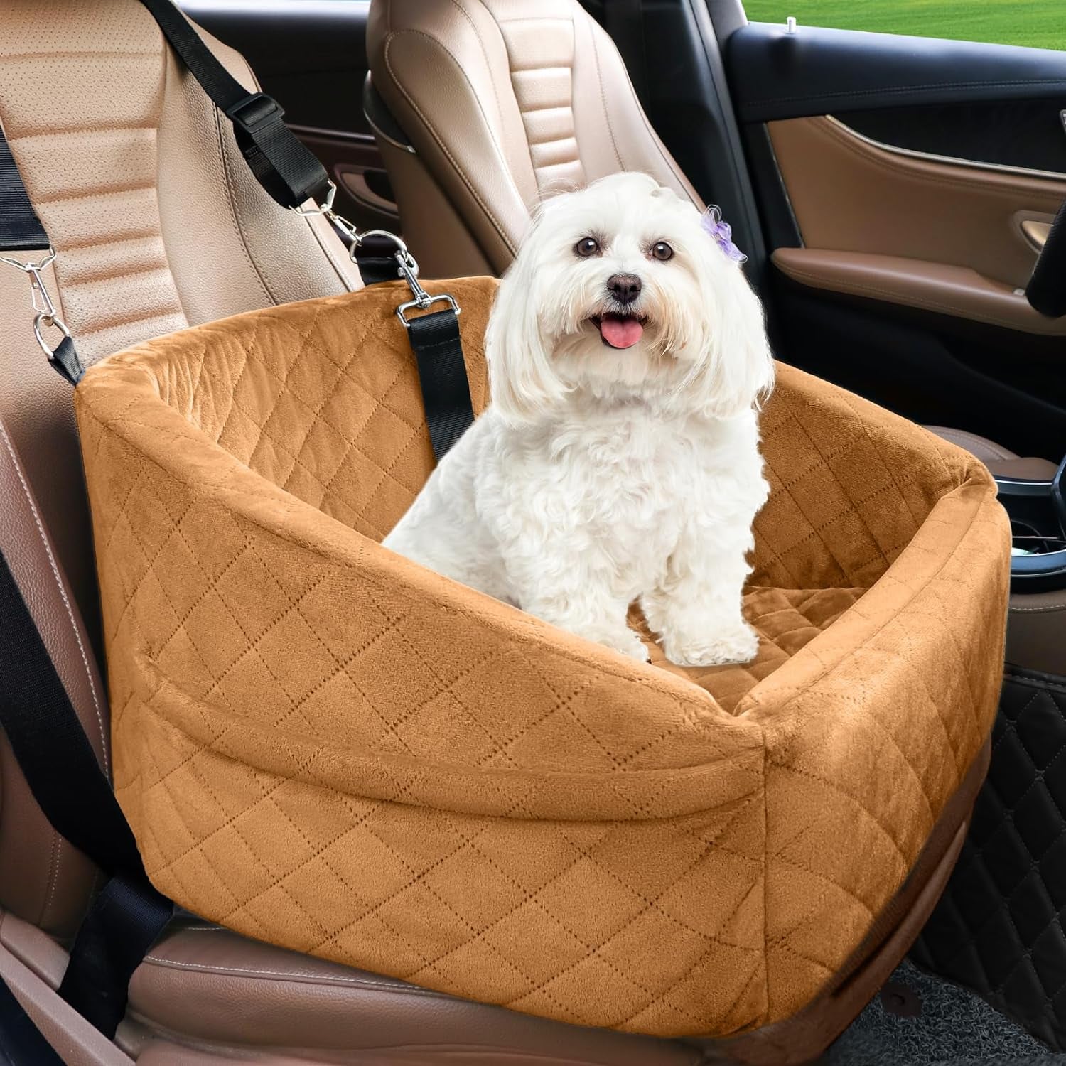 Dog Car Seat for Small Medium Dogs,Detachable Washable Dog Booster Seat under 35Lbs,Pet Car Seat Travel Bed with Storage Pockets and Dog Safety Belt（Brown