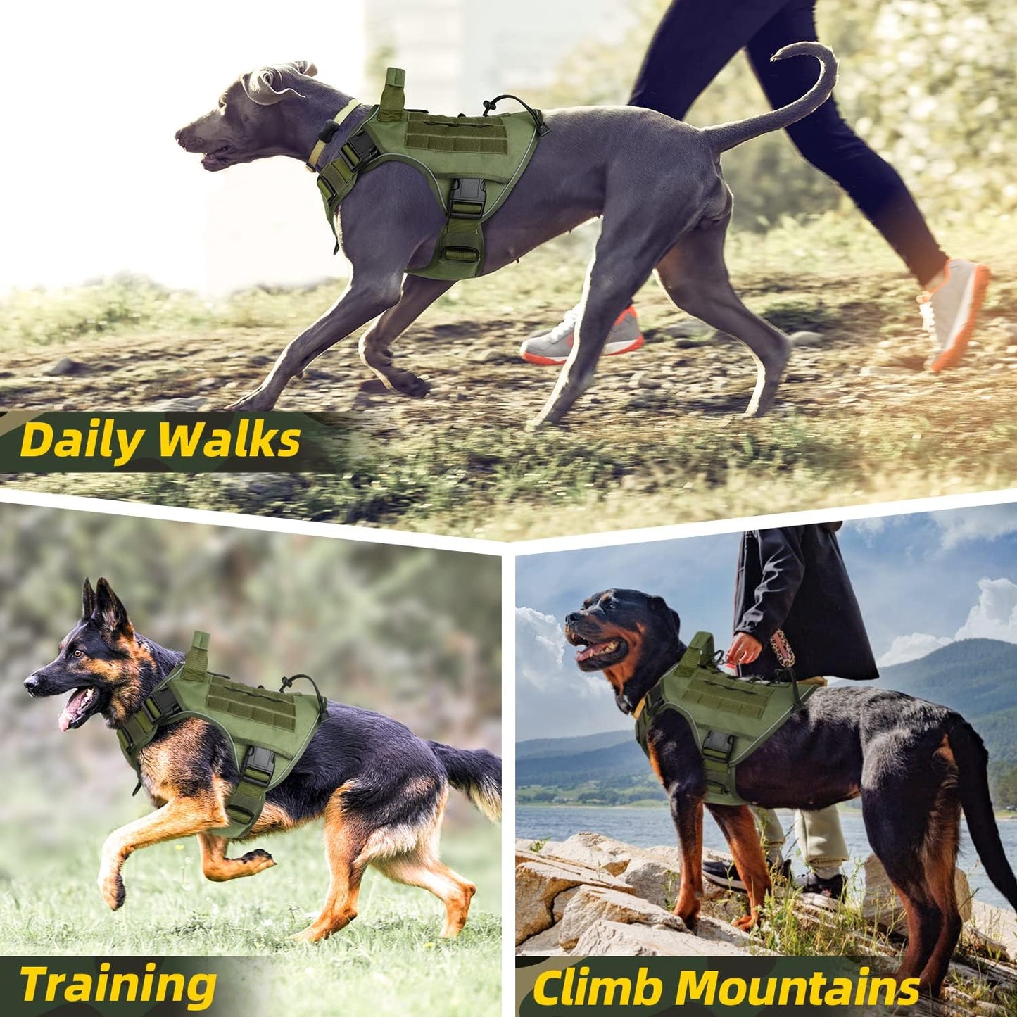 WINGOIN Black Tactical Dog Harness for Large Dogs No Pull Adjustable Reflective Military Pet Harness with Easy Control Handle with Hook & Loop Panels for Walking Hiking Training(Xl)