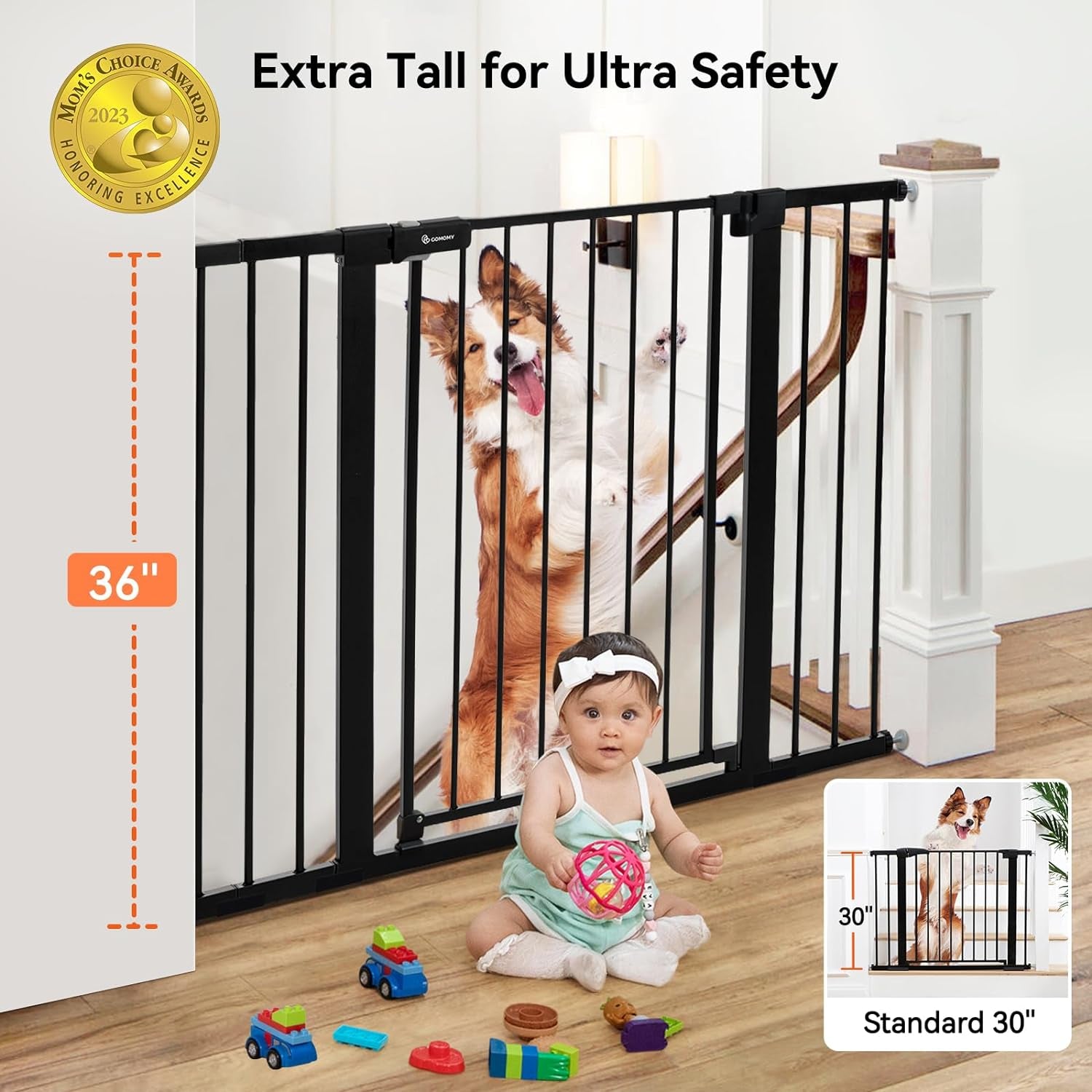 COMOMY 30" Tall Baby Gate for Stairs Doorways, Fits Openings 29.5" to 46" Wide, Auto Close Extra Wide Dog Gate for House, Pressure Mounted Easy Walk through Pet Gate with Door, White