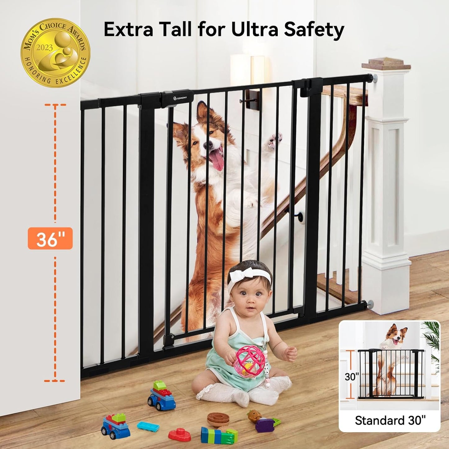 COMOMY 30" Tall Baby Gate for Stairs Doorways, Fits Openings 29.5" to 51.6" Wide, Auto Close Extra Wide Dog Gate for House, Pressure Mounted Easy Walk through Pet Gate with Door, White