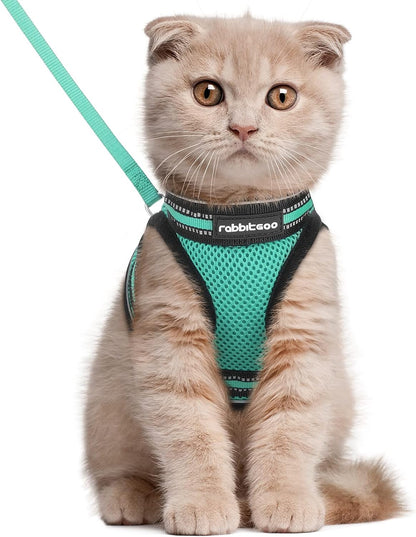 Rabbitgoo Cat Harness and Leash Set for Walking Escape Proof, Adjustable Soft Kittens Vest with Reflective Strip for Cats, Comfortable Outdoor Vest,Green,L