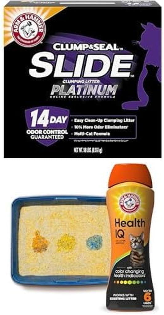 A&H Slide Platinum Multi-Cat Easy Clean-Up Clumping Cat Litter, 14 Days of Odor Control 18 Lb + Health IQ Cat Litter Additive, with Color Changing Health Indicators, Works with Most Litter, 10 Oz