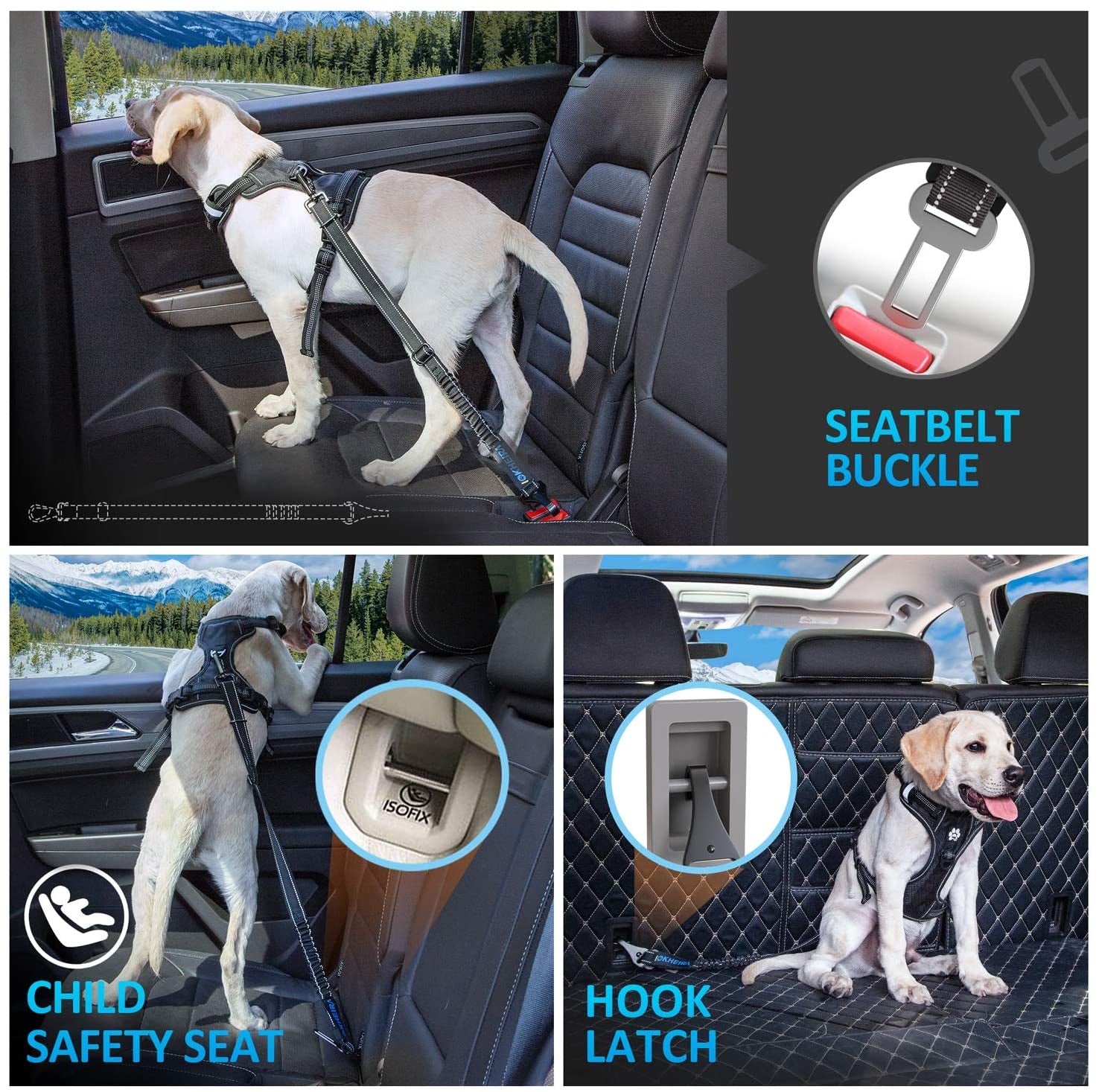 Dog Seat Belt 3-In-1 Car Harness for Dogs Adjustable Safety Seatbelt for Car Durable Nylon Reflective Bungee Fabric Tether with Clip Hook Latch & Buckle, Swivel Zinc Alloy Carabiner (Light Blue)