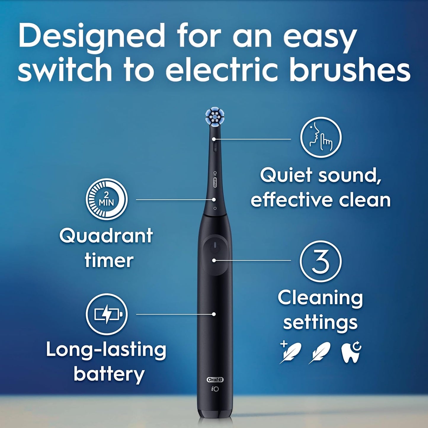 Oral-B iO Series 2 Rechargeable Electric Powered Toothbrush Starter Kit, Night Black with 2 Brush Heads - Automatic Pressure Sensor to Protect Gums - 3 Modes - 2 Min Timer