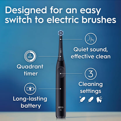 Oral-B iO Series 2 Rechargeable Electric Powered Toothbrush Starter Kit, Night Black with 2 Brush Heads - Automatic Pressure Sensor to Protect Gums - 3 Modes - 2 Min Timer