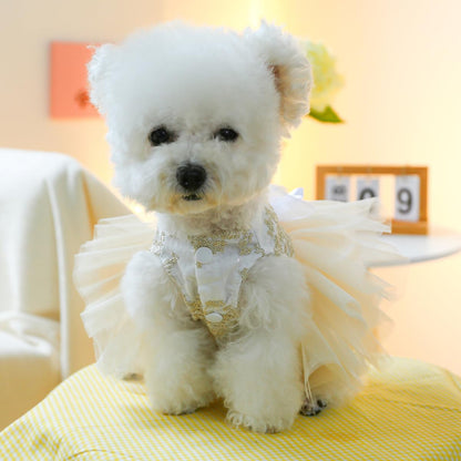 Champagne Dog Dresses for Small Dogs Girl with Leash Ring & Bow Decor,Luxury Dog Wedding Dress with Multi-Layer Princess Tutu Skirt, Embroidered Cat Dog Flower Dress(Champagne,M)