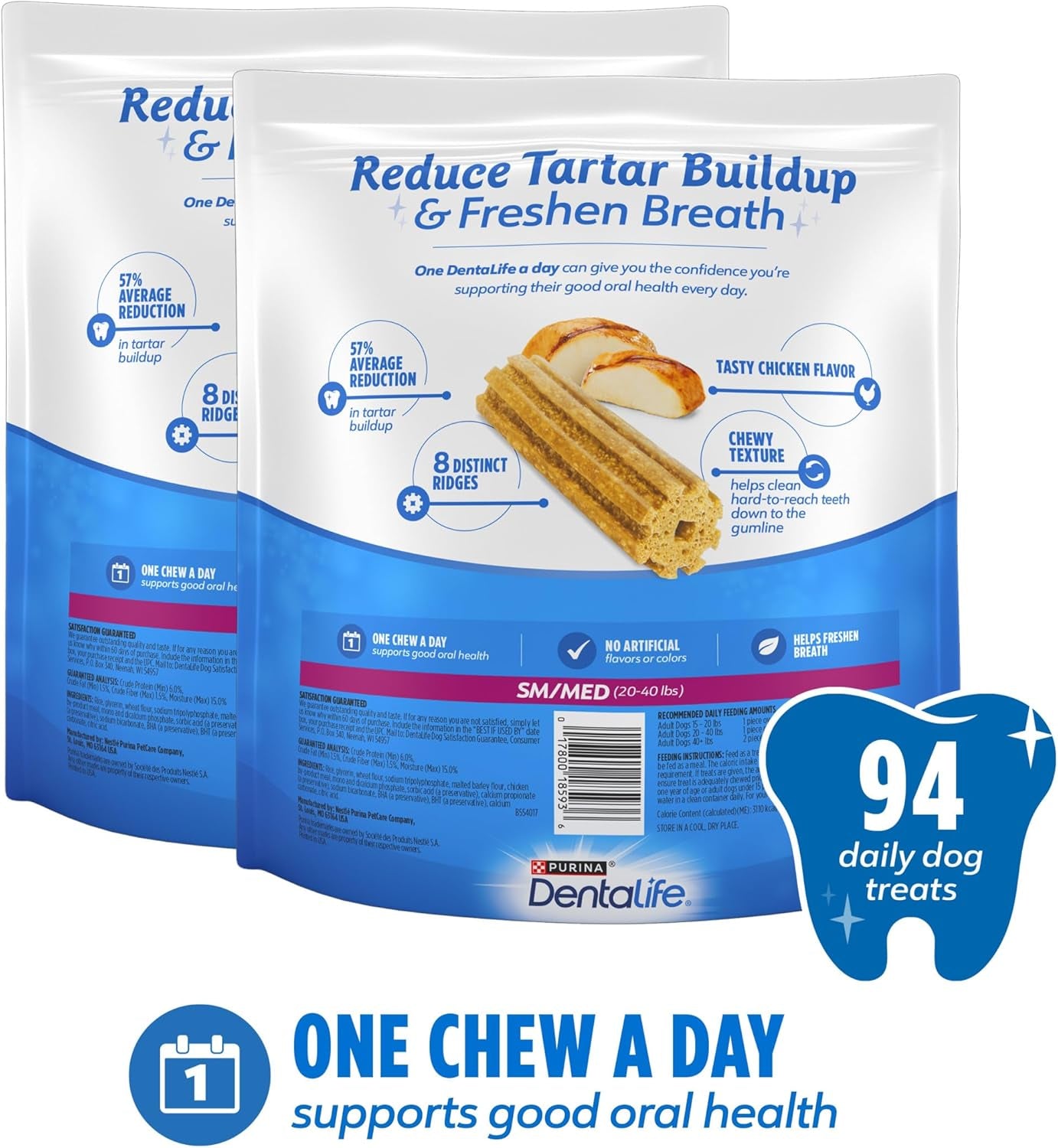 Purina Dentalife Daily Oral Care Chicken Flavor Small/Medium Breed Dog Dental Chews – Multipack 35.7 oz (2) - (94ct) - 47 ct. Pouch