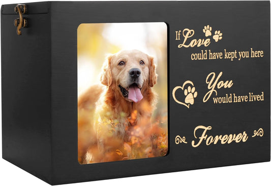 Pet Memorial Urns for Dog or Cat Ashes, Large Wooden Funeral Cremation Urns with Photo Frame, Memorial Keepsake Memory Box with Black Flannel as Lining, Loss Pet Memorial Remembrance Gift