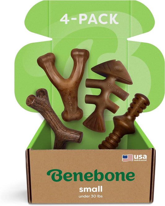 Benebone Small 4-Pack Dog Chew Toys for Aggressive Chewers, Made in USA, 30Lbs and Under