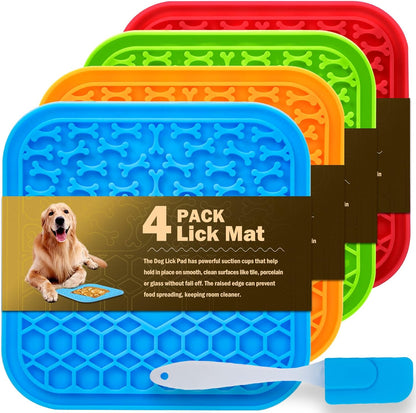 4 Pack Lick Mat for Dogs, Dog Slow Feeder Dowl Mat for Bathing Grooming Nailing Trimming, Food-Grade, Non-Toxic, Licking Pad for Dogs and Cats, Puzzle Feeding Mat for Pets