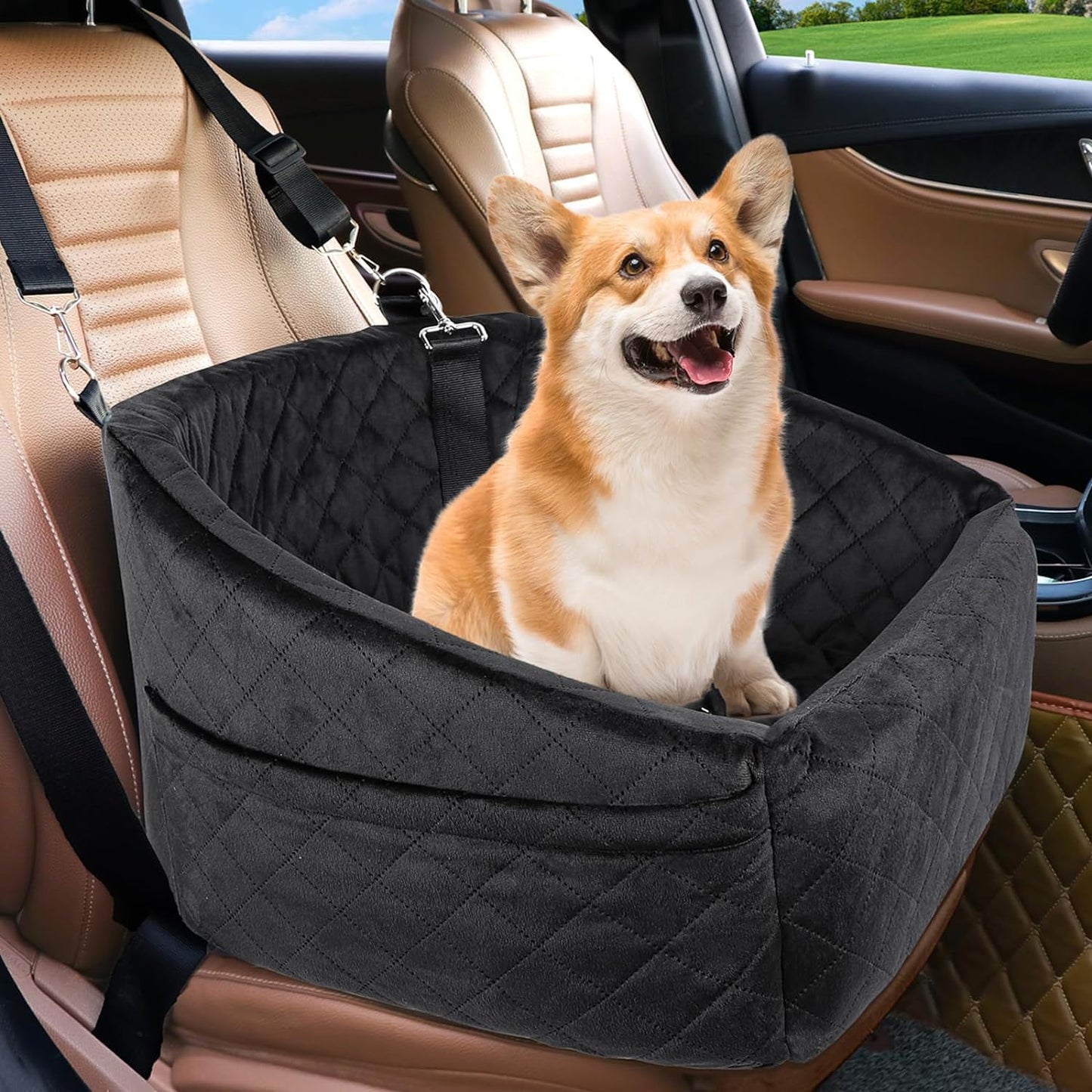 Dog Car Seat for Small Medium Dogs,Detachable Washable Dog Booster Seat under 35Lbs, Pet Car Seat Travel Bed with Storage Pockets and Dog Safety Belt (Black)