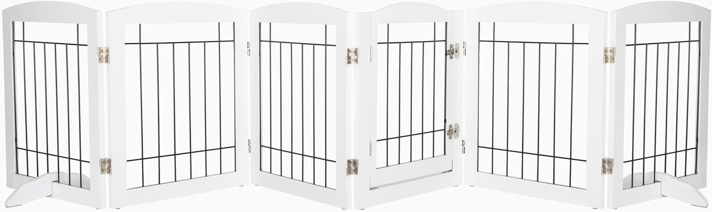 Spirich Extra Wide Dog Gates with Walk through Door, Wooden Freestanding Pet Gate for Dog, Dog Gate for the House, Doorway, Stairs, 120" Wide Pet Puppy Safety Fence with 6 Panels (White)