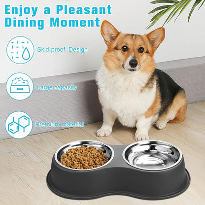 Dog Bowls Double Dog Water and Food Bowls Stainless Steel Bowls with Non-Slip Resin Station, Pet Feeder Bowls for Puppy Medium Dogs Cats