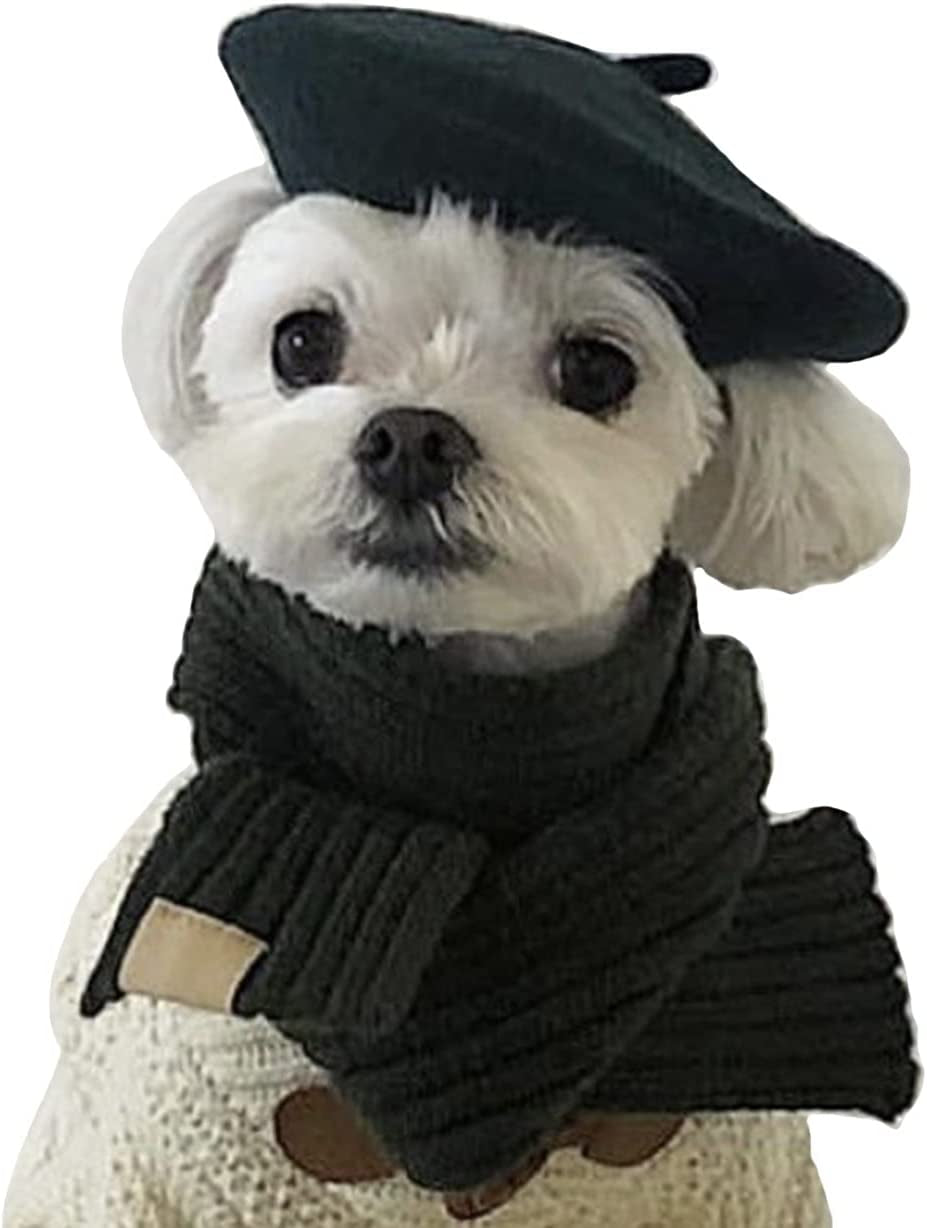 Dog Cat Beret Wool Hat Headband French Artist Beanie Beret Pet Dog Christmas Costume Hair Accessory Photo Props (Black, One Size)