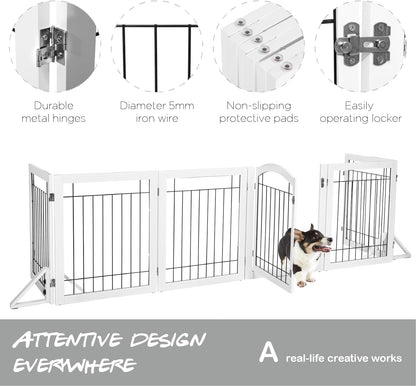 PAWLAND Extra Wide Dog Gate for the House, Doorway, Stairs, Dog Fences Indoor, Freestanding Foldable Wooden Pet Gates for Dogs, Set of Support Feet Included, 96 in Wide 30 in Tall, 4 Panels White