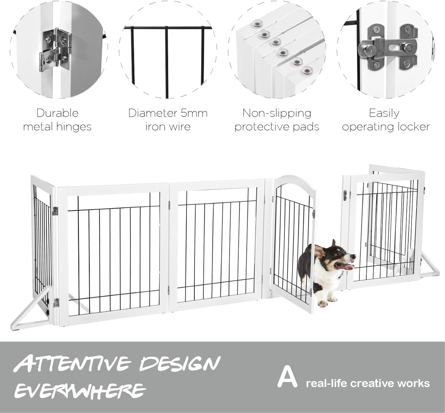 PAWLAND 144-Inch Extra Wide 30-Inches Tall Dog Gate with Door Walk Through, Freestanding Wire Pet Gate for the House, Doorway, Stairs, Pet Puppy Safety Fence, Support Feet Included, Espresso,6 Panels