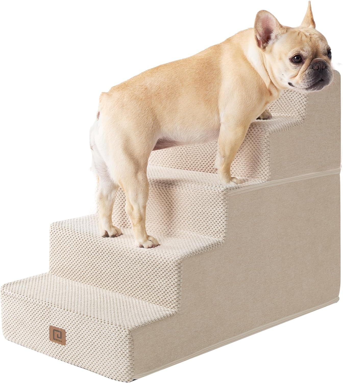 EHEYCIGA Dog Stairs for High Bed 22.5”H, 5-Step Dog Steps for Bed, Pet Steps for Small Dogs and Cats, Non-Slip Balanced Dog Indoor Ramp, Beige