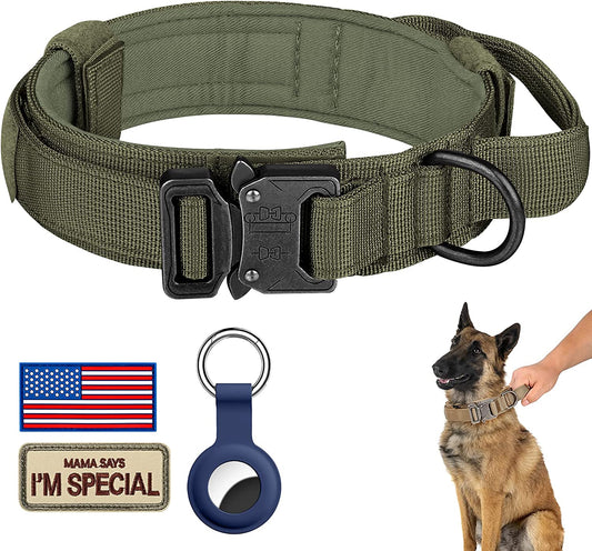 DAGANXI Tactical Dog Collar, Adjustable Military Training Nylon Dog Collar with Control Handle and Heavy Metal Buckle for Medium and Large Dogs, with Patches and Airtags Case (XL, Green)