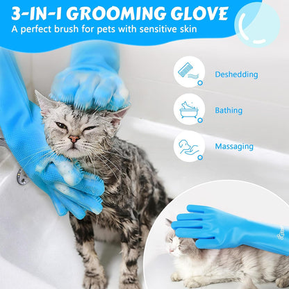 Pecute Pet Grooming Gloves, Heat Resistant Cat Bathing Gloves with High-Density Teeth, Silicone Dog Bathing Gloves with Enhanced Five Finger Design, Bathing and Massaging for Dogs and Cats