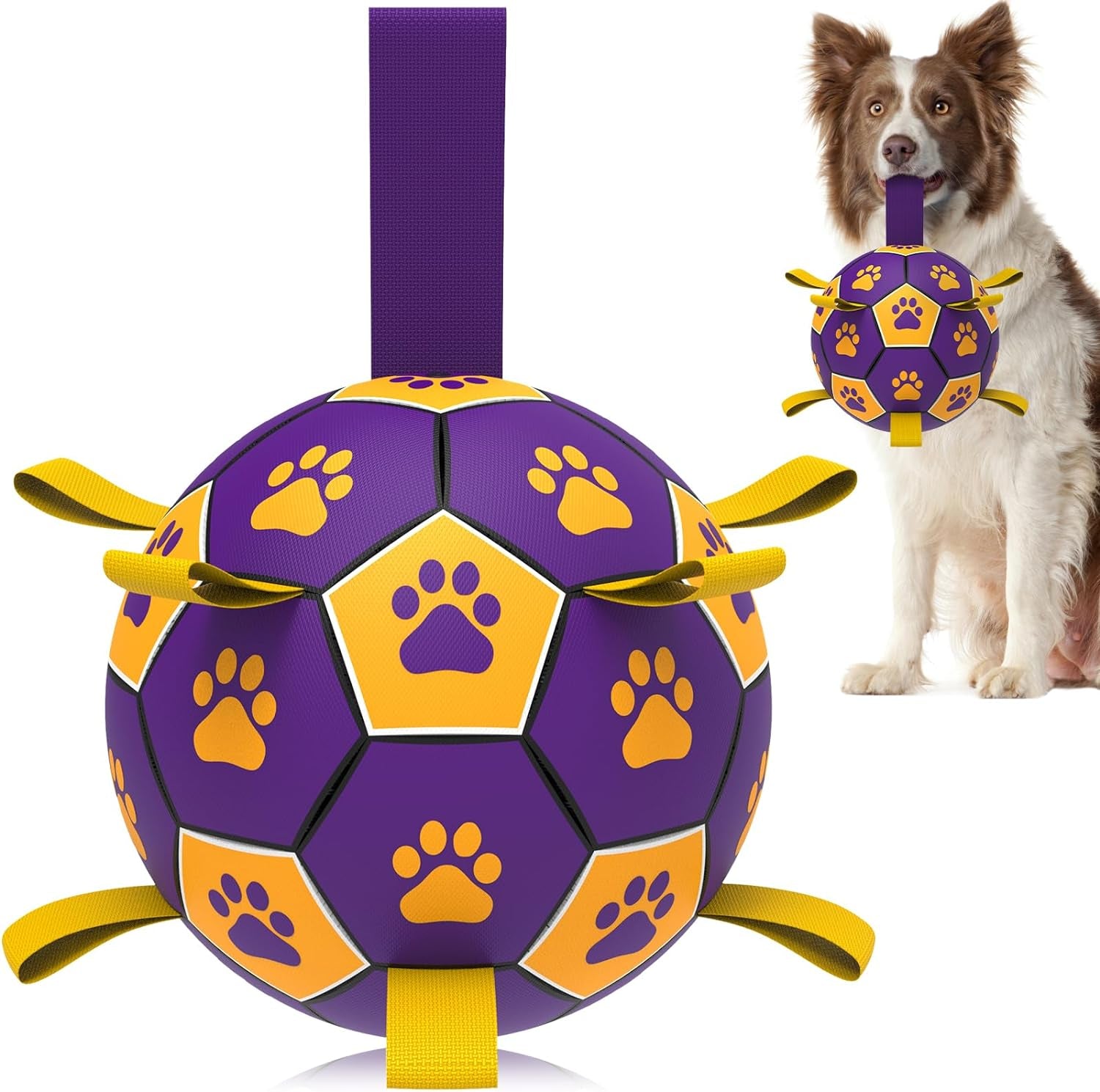 Dog Ropes Toys Soccer Ball with Straps, Interactive Dog Toys for Tug of War, Puppy Birthday Gifts, Dog Tug Toy, Dog Water Toy, Durable Dog Balls for Medium & Large Dogs-Purple&Gold（8 Inch）