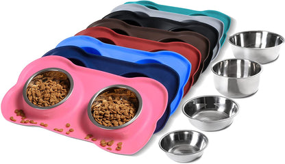 Hubulk Pet Dog Bowls 2 Stainless Steel Dog Bowl with No Spill Non-Skid Silicone Mat + Pet Food Scoop Water and Food Feeder Bowls for Feeding Small Medium Large Dogs Cats Puppies (Small, Navy Blue)