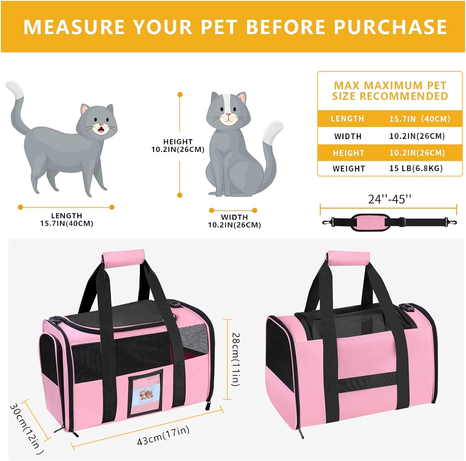 Cat Carrier, Dog Carrier, Pet Carrier Airline Approved for Cat, Small Dogs, Kitten, Cat Carriers for Small Medium Cats under 15Lb, Collapsible Soft Sided TSA Approved Cat Travel Carrier, Pink