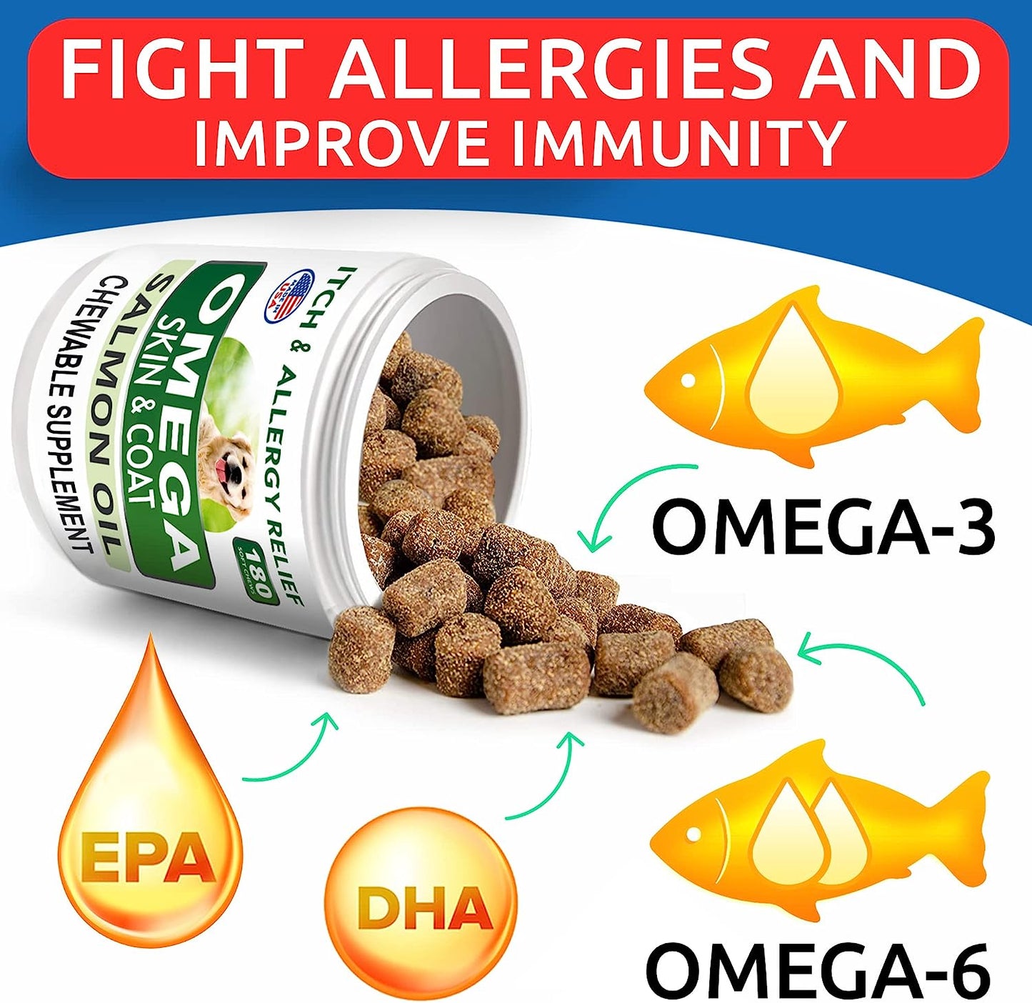 BARK&SPARK Omega 3 for Dogs - 180 Fish Oil Treats for Dog Shedding, Skin Allergy, Itch Relief, Hot Spots Treatment - Joint Health - Skin and Coat Supplement - EPA & DHA Fatty Acids - Salmon Oil