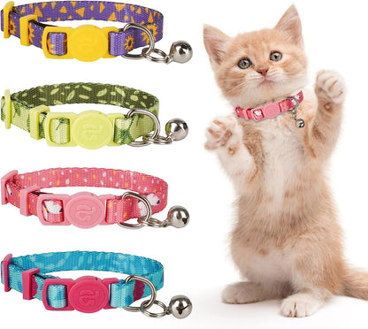 Azuza 4 Pack Breakaway Plaid Cat Collar with Bell, 4 Pack Quick Release Safe Buckle Cat Collars, 4 Colors Checkered Pattern, Adjustable from 8"-12"