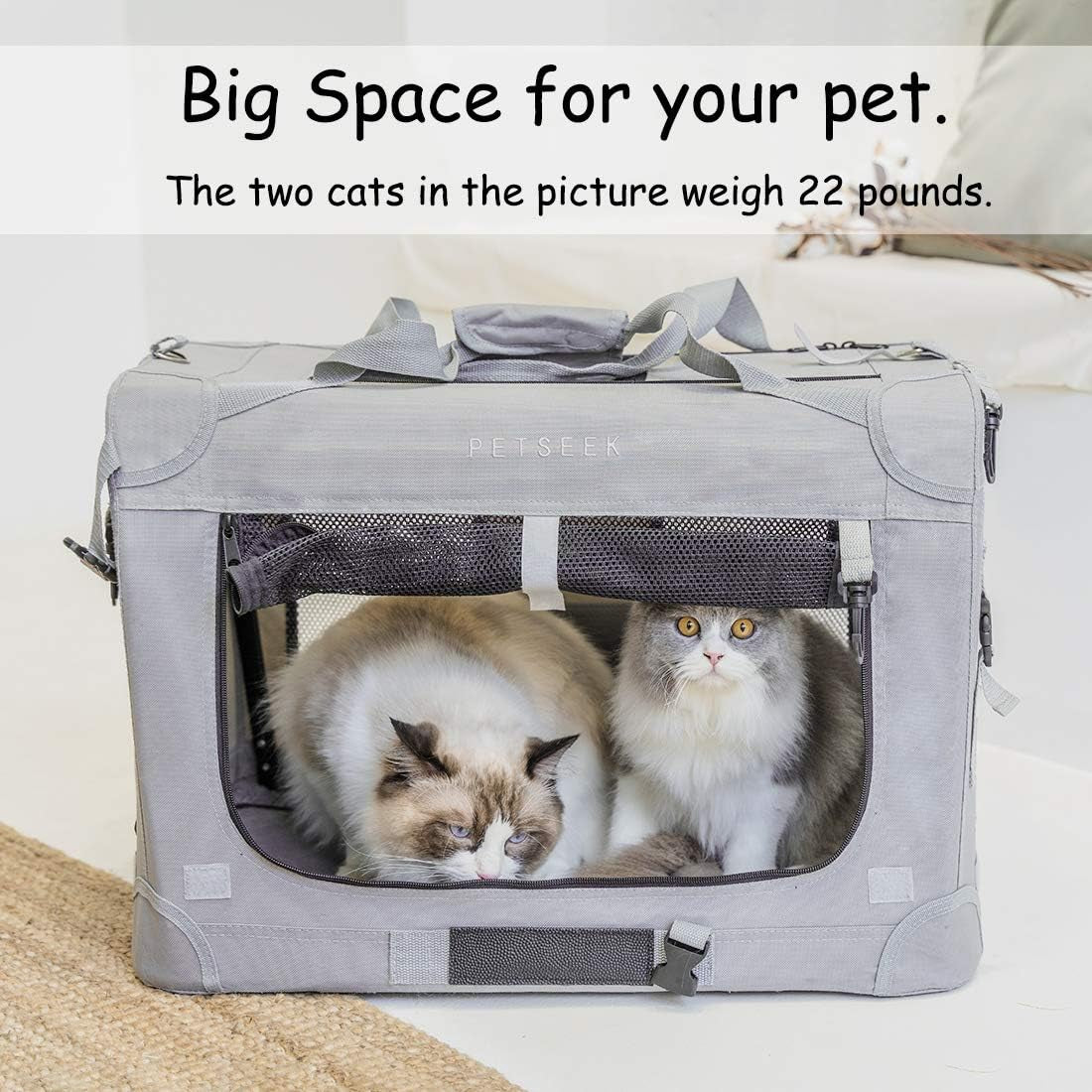 Extra Large Cat Carrier Soft Sided Folding Small Medium Dog Pet Carrier 24"X16.5"X16" Travel Collapsible Ventilated Comfortable Design Portable Vehicle (Grey)