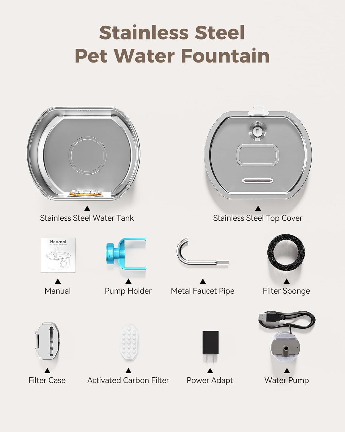 Cat Water Fountain Stainless Steel: 108oz/3.2L Cat Fountain for Drinking- Pet Water Fountain for Cats Inside - Automatic Cat Water Dispenser Bowl - Cat Feeding & Watering Supplies - Water Level Window