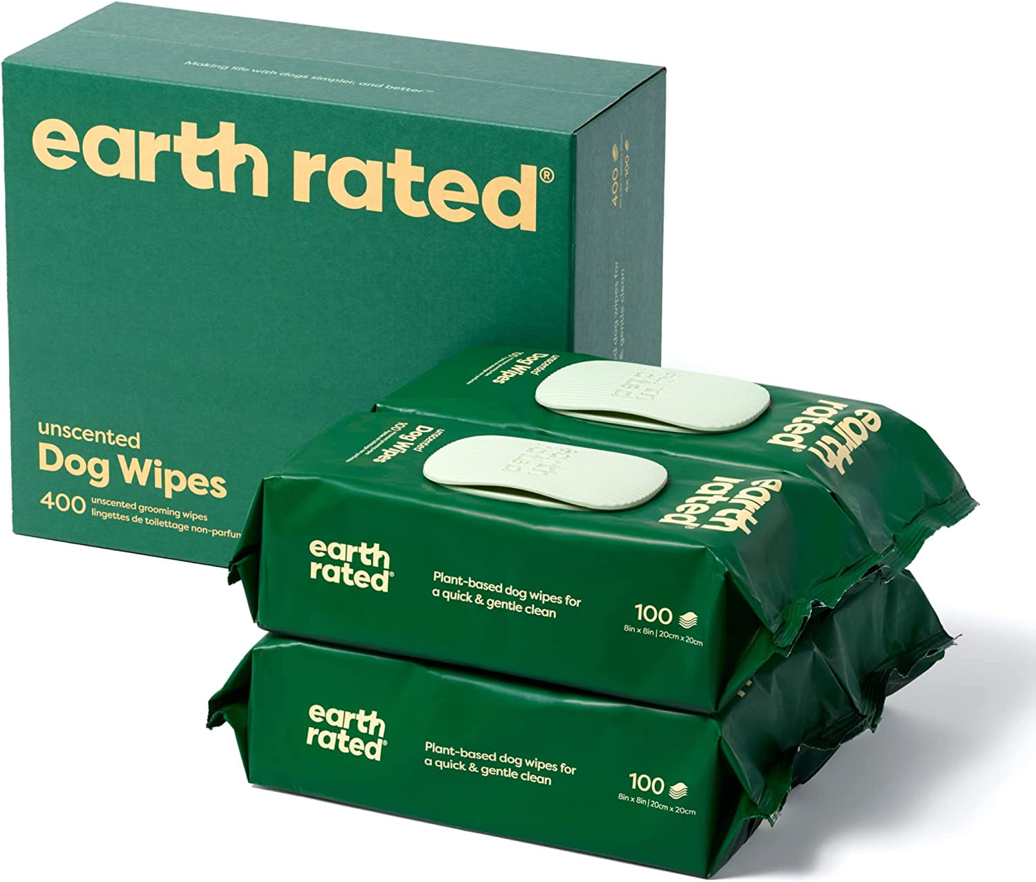 Earth Rated Dog Wipes, Thick Plant Based Grooming Wipes for Easy Use on Paws, Body and Bum, Unscented, 400 Count