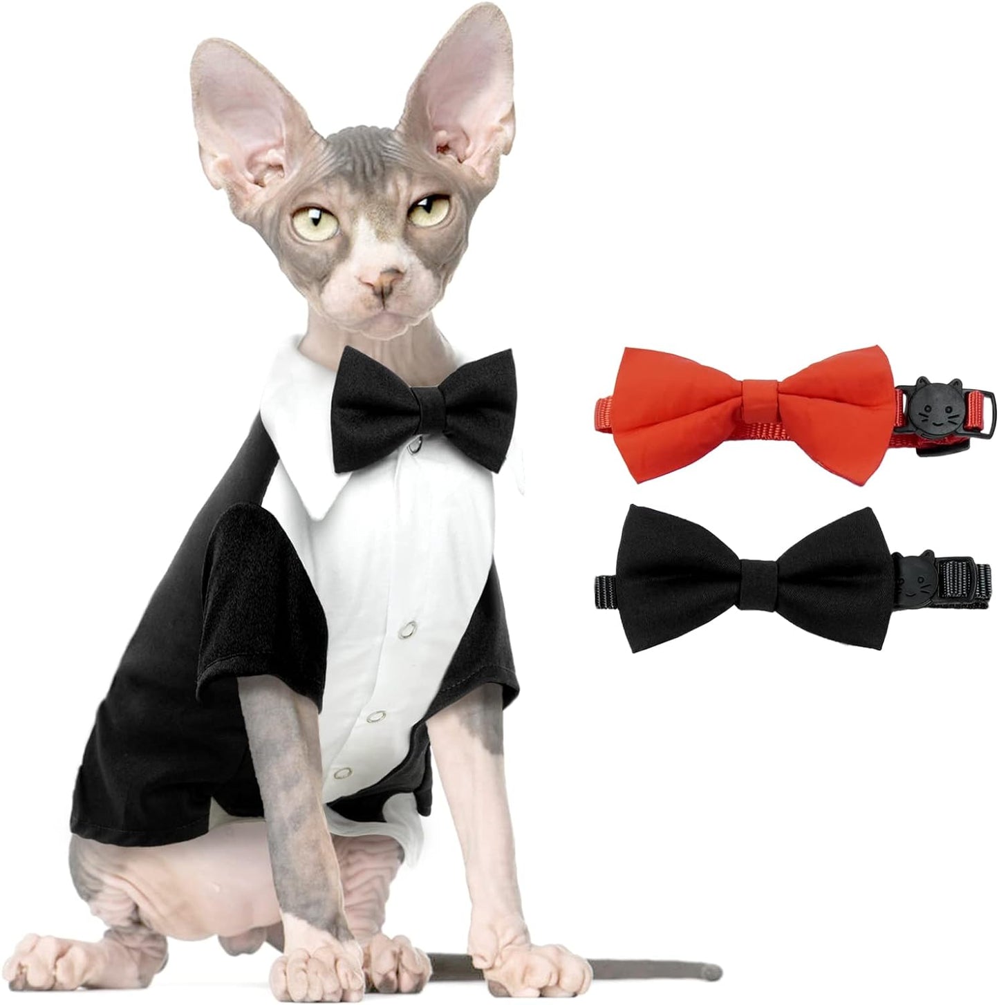 Bonaweite Hairless Cat Tuxedo Shirt，Cat Clothes for Cats Only Cat Wedding Outfit Suit with 2 Pcs Bow Tie,Kitten Formal Onesie Attire Costumes for Sphynx, Cornish Rex, Devon Rex, Peterbald