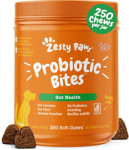 Zesty Paws Probiotics for Dogs - Digestive Enzymes for Gut Flora, Digestive Health, Diarrhea & Bowel Support - Clinically Studied DE111 - Dog Supplement Soft Chew for Pet Immune System - 250 Count