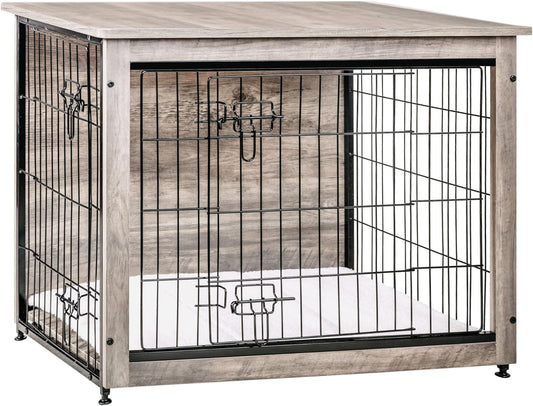 DWANTON Dog Crate Furniture with Cushion, Wooden Dog Crate with Double Doors, Dog Furniture, Indoor Dog Kennel，End Table, Medium, 32.5" L, Greige