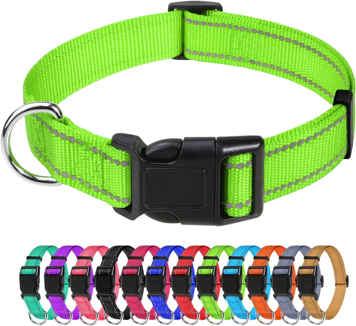 Tagme Reflective Nylon Dog Collars, Adjustable Classic Dog Collar with Quick Release Buckle for Small Dogs, Green, 3/4" Width