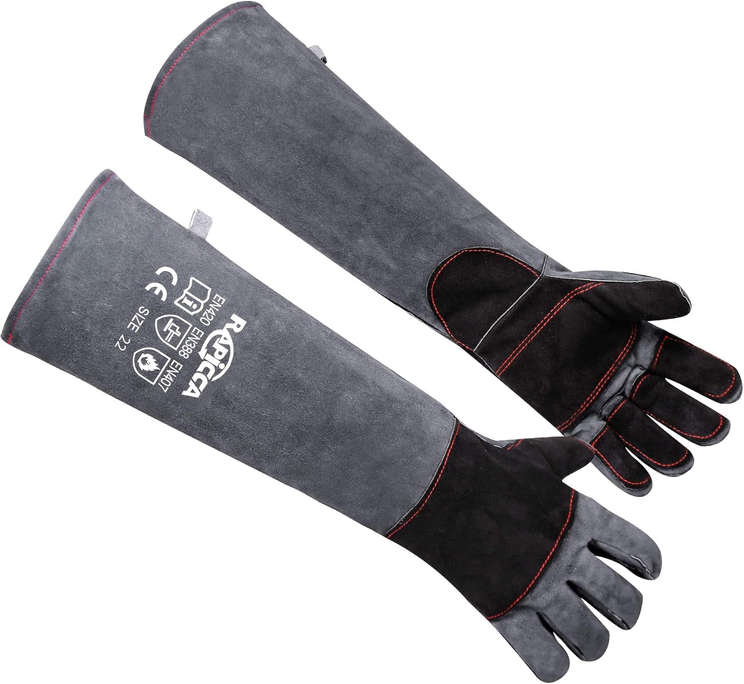 RAPICCA Animal Handling Gloves Bite Proof Reinforced Leather Padding Dog,Cat Scratch,Bird Handling Falconry Gloves Grabbing,Reptile Squirrel Snake Bite 22in Grey-Black