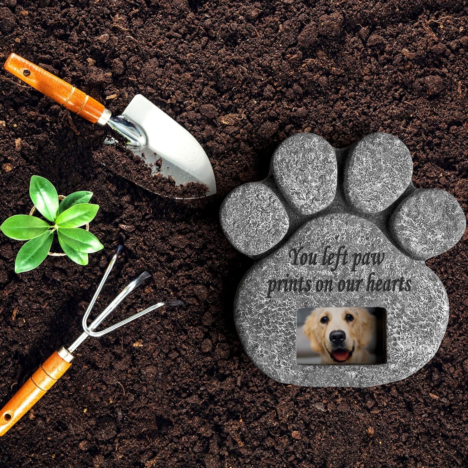 You Left Paw Prints on Our Hearts' Paw Print Pet Memorial Stone, Grave Marker with Customizable Photo Frame Slot, Loss of Pet Gift, Personalized Dog Memorial Headstone, 8.25” X 8” X 1.5”