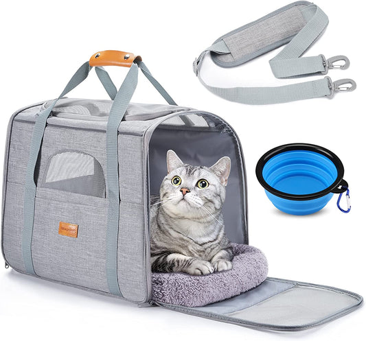 Morpilot Portable Cat Carrier - Soft Sided Cat Carrier for Medium Cats and Puppy up to 15Lbs, Pet Carrier with Locking Safety Zippers, Foldable Bowl, Airline Approved Travel Dog Carrier - Light Gray