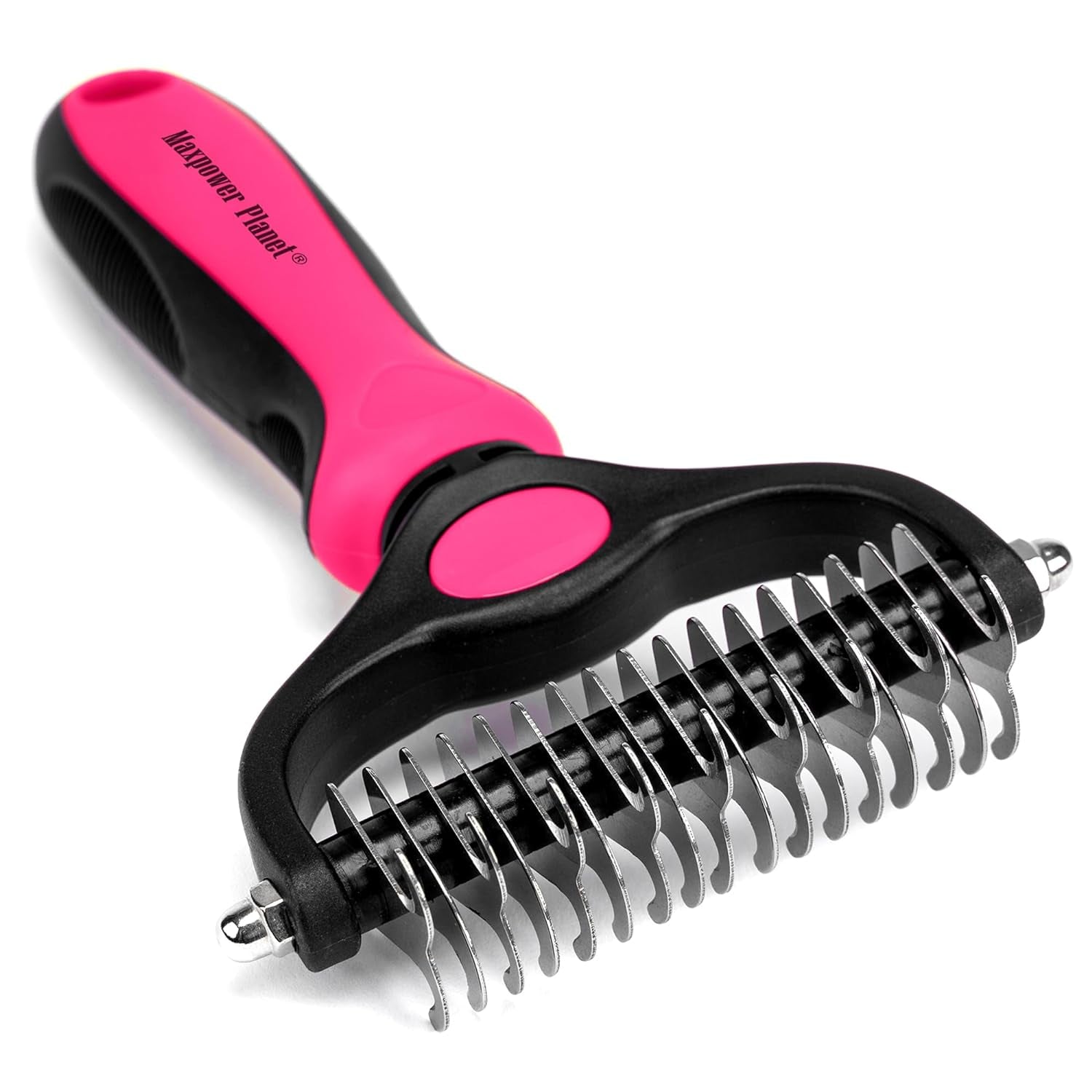 Maxpower Planet Pet Grooming Brush - Double Sided Shedding, Dematting Undercoat Rake for Dogs, Cats - Extra Wide Dog Grooming Brush, Dog Brush for Shedding, Cat Brush, Reduce Shedding by 95%, Pink