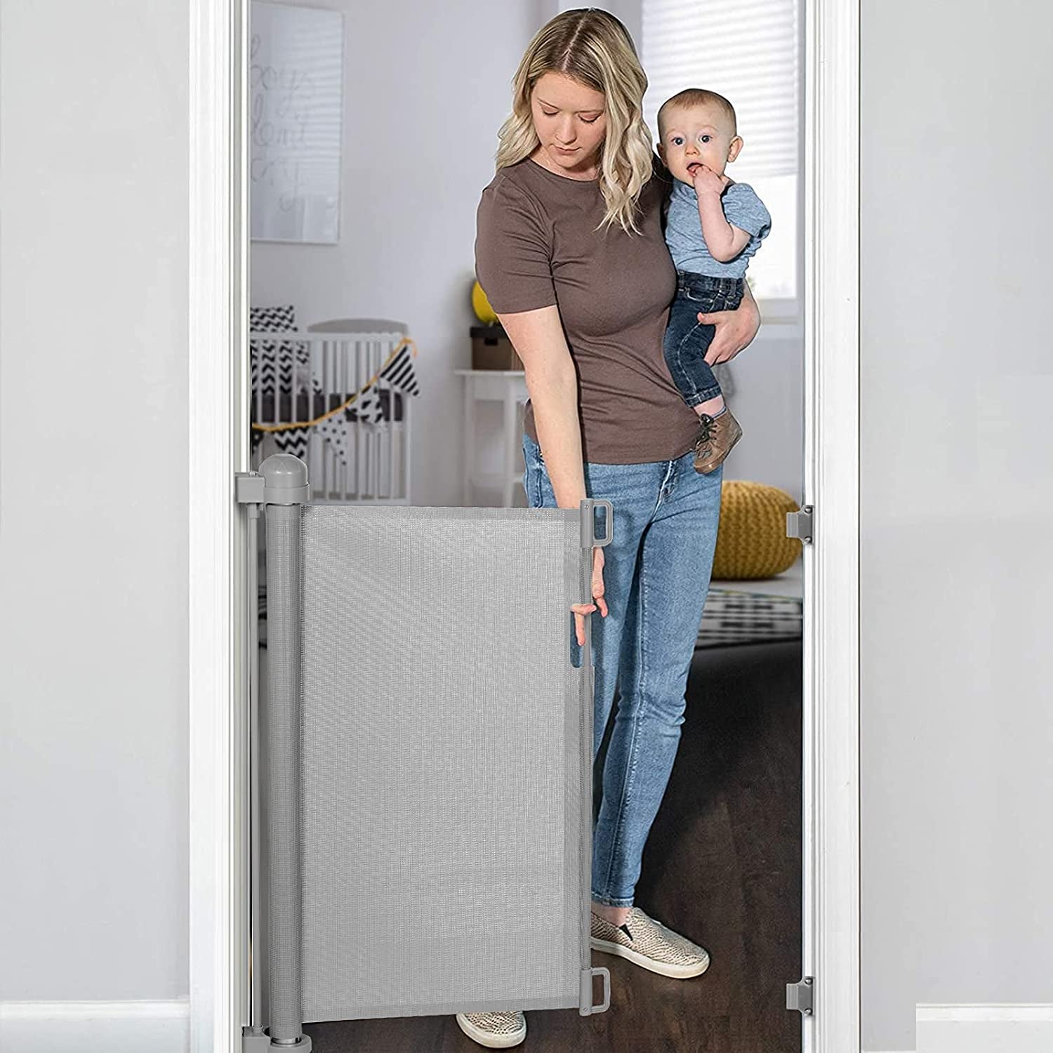 YOOFOR Retractable Baby Gate, Extra Wide Safety Kids or Pets Gate, 33” Tall, Extends to 71” Wide, Mesh Safety Dog Gate for Stairs, Indoor, Outdoor, Doorways, Hallways (Gray, 33"X71")