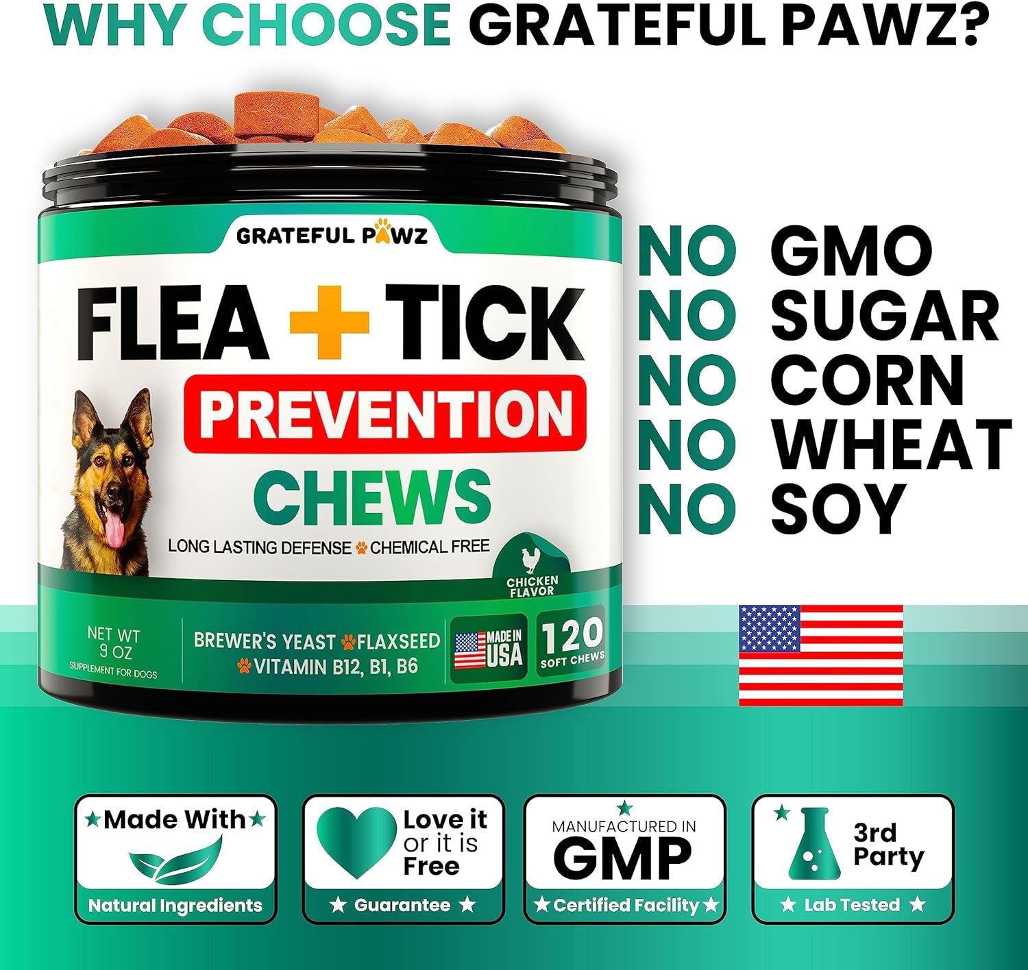 Flea and Tick Prevention for Dogs Chewables - Made in USA - Natural Flea and Tick Chews Supplement for Dogs - Oral Flea Pills for Dogs - Pest Defense - All Breeds and Ages - 120 Soft Tablets