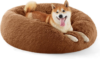 Bedsure Calming Dog Bed for Medium Dogs - Donut Washable Medium Pet Bed, 30 Inches Anti-Slip round Fluffy Plush Faux Fur Cat Bed, Fits up to 45 Lbs Pets, Caramel