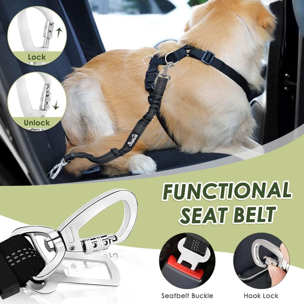 Slowton Dog Seat Belt Harness for Car, Dog Car Harness Adjustable Mesh Breathable & Dog Seatbelt Safety Tether with Elastic Bungee for Small Medium Large Pets(Black, Single Clip, M)