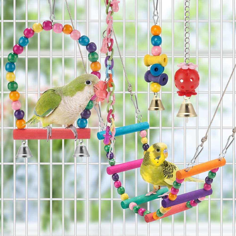 Bird Parakeet Toys,Swing Hanging Standing Chewing Toy Hammock Climbing Ladder Bird Cage Colorful Toys Suitable for Budgerigar, Parakeet, Conure, Cockatiel, Mynah, Love Birds, Finches