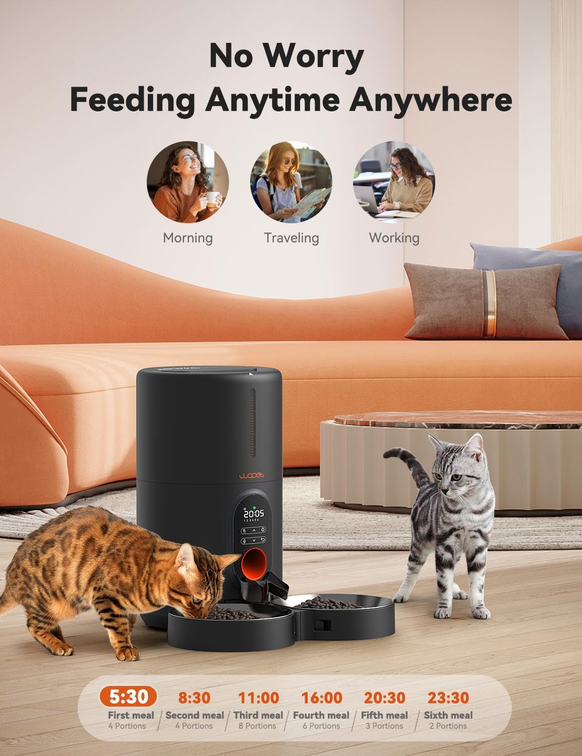 WOPET Automatic Cat Feeders 2 Cats-(𝟮𝟬𝟮𝟰 𝗨𝗽𝗴𝗿𝗮𝗱𝗲) Timed Cat Feeder with Stainless Steel Bowl, Programmable 1-6 Meals Control, Dual Power Supply, Automatic Pet Feeder for Dogs and Cats