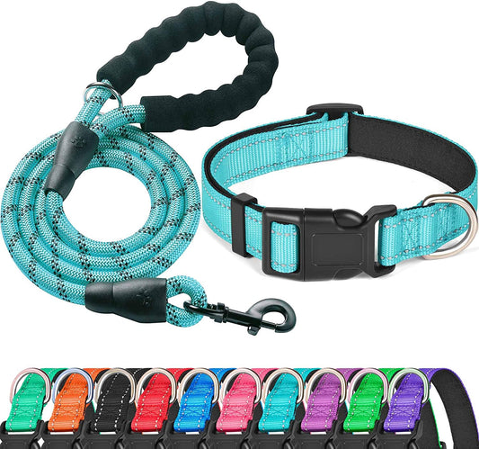 Reflective Dog Collar Padded with Soft Neoprene Breathable Adjustable Nylon Dog Collars for Small Medium Large Dogs (Medium (Pack of 1), Blue Collar+Leash)